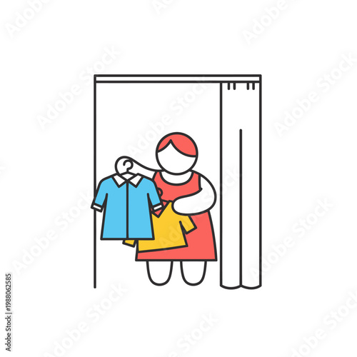 Woman trying on clothes in fitting room, shopping, fashion, retail, choice, style