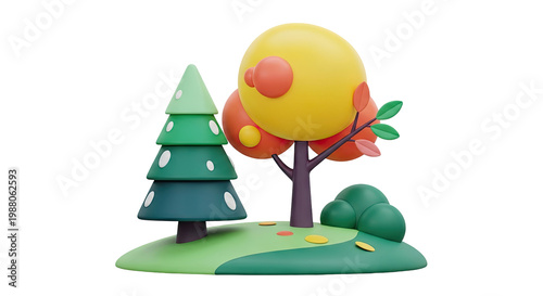 Cartoon Nature Scene with Stylized Trees and Bushes