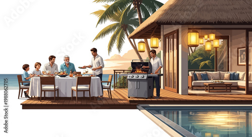 A family enjoying a BBQ vacation with a tropical coastal view while gathered around an outdoor dining table on a wooden deck next to a pool, presented in a bright, illustrated style
