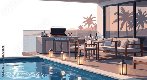 A luxurious family BBQ vacation scene shows a patio with a grill, table setting, and modern outdoor furniture next to a sparkling blue swimming pool, with palm trees silhouetted