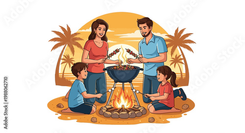 A family enjoying a BBQ vacation, grilling skewers over an open fire on a sandy beach surrounded by palm trees, depicted in a vibrant cartoon style with warm sunset colors and a cheerful