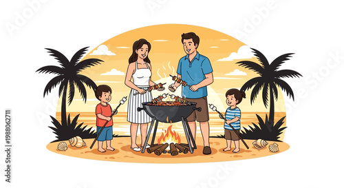 Family enjoying a BBQ vacation, grilling food on the beach with palm trees under a vibrant sunset sky, depicted in a cheerful, illustrative style with warm, inviting colors and a cozy