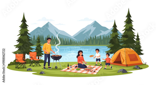 A family enjoys a BBQ vacation near a serene lake with mountains in the backdrop, depicted in a vibrant, cartoon-style illustration showing a tent, grill, picnic blanket, and cheerful
