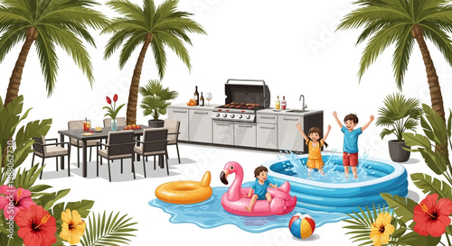 A whimsical illustration of a family enjoying a BBQ vacation, featuring children playing in an inflatable pool with flamingo and donut floats, set against a bright, tropical-themed