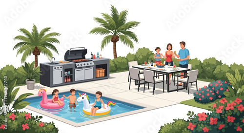 Overhead view of a family enjoying their BBQ vacation, with children playing on inflatable toys in the pool and parents preparing food at the outdoor grill against a backdrop of lush