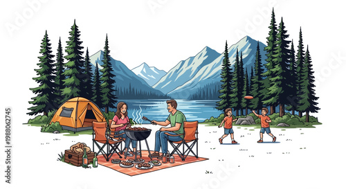 Amidst a scenic mountain landscape, a family enjoys their BBQ vacation, grilling food near a tent and lake, while two children play frisbee in the foreground, rendered in a bright