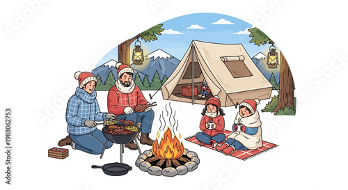 During a family BBQ vacation, a family wearing winter hats sits around a campfire next to their tent in the mountains, enjoying a snowy camping trip with warm tones and a hand-drawn