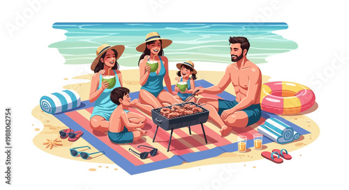 A family enjoys their BBQ vacation on a sunny beach, grilling food on a small barbecue while sitting on a colorful blanket with refreshing drinks, rendered with bright colors and a cheerful