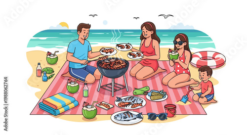A family enjoys a BBQ vacation on the beach, grilling food on a charcoal grill and relaxing on a striped blanket with drinks, against a scenic ocean backdrop and rendered in a bright