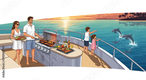 On a family BBQ vacation, a man grills food on a yacht while a woman carries a platter of food, and two kids point at dolphins jumping out of the ocean with a sunset in the background