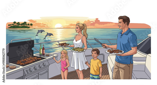 On a family BBQ vacation cruise, a cartoon family grills food on a yacht against a sunset ocean backdrop with jumping dolphins, rendered in a bright, colorful illustrative style