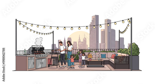 Amidst a joyous family BBQ vacation scene, a family is grilling and relaxing on a rooftop terrace with string lights, captured in a whimsical illustration style with the city skyline