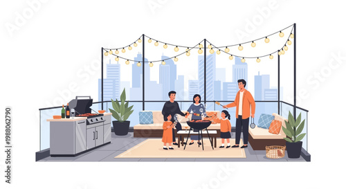 A family enjoys their BBQ vacation on a rooftop terrace overlooking the city, preparing food on the grill with string lights overhead and a modern outdoor kitchen, conveying a joyful