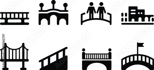 Collection of black silhouette icons depicting various bridge designs and structures