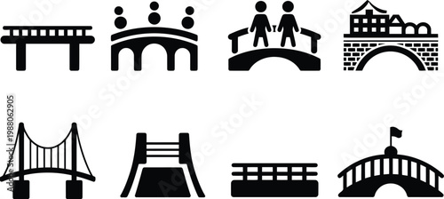 Black silhouette icons of famous bridges and architectural structures worldwide
