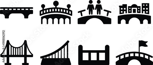 Black silhouette icons of various bridge designs and architectural structures