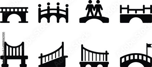 Collection of black and white bridge icons representing various architectural styles