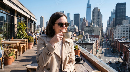 A smiling young woman in a stylish trench coat enjoys a cup of coffee on a sunny rooftop terrace, overlooking the urban skyline of New York City during a clear day.