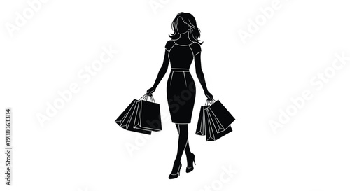 Black woman shopping icon, silhouette female shopper, carrying bags vector, modern consumer symbol