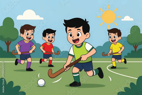 premium vector of children playing field hockey in a green outdoor stadium with sticks and ball