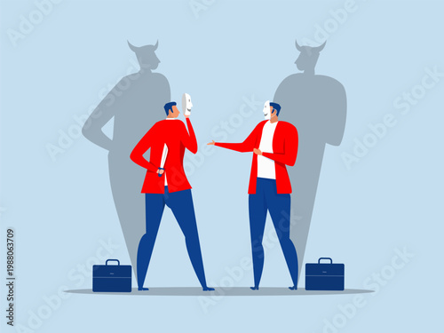 Cheat concept,businessmen colleagues putting fake smile mask hiding the knife behind.jealousy colleagues compete to get promoted, rivalry coworker argument vector