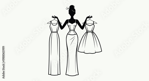 Fashion illustration, woman in evening gowns, formal dresses, black and white vector