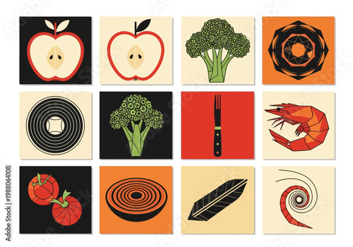 Minimalist Mid-Century Modern Food Icon Set with Stylized Geometric Illustrations of Fruit and Vegetables
