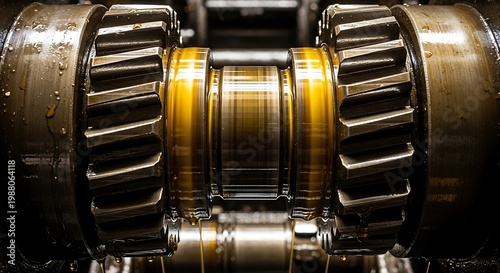 Close-up of industrial gears in a machine, showcasing intricate mechanical engineering and precision manufacturing.