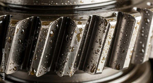 Close up of a wet metal gear with water droplets on its teeth.