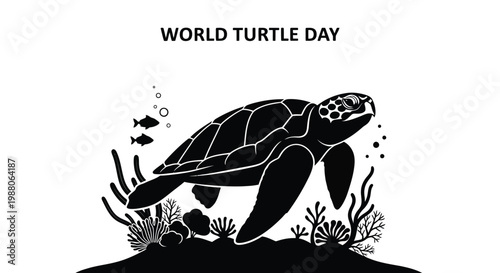 Stylish black and white vector illustration of a graceful sea turtle swimming near ocean coral reefs
