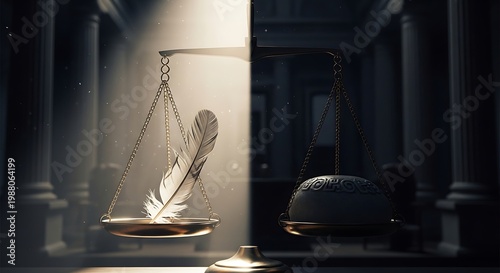 Feather on a Scale in a Darkened Room with Light Beam.