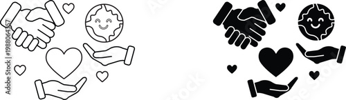 Charity and kindness icon set, handshake and heart symbols for non-profit organizations, community support and global peace vector illustrations