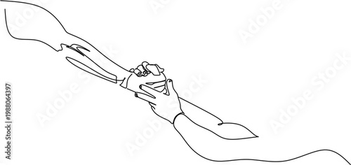 Continuous one line drawing of two hands holding each other, minimalist vector illustration of helping hands, partnership, and support concept