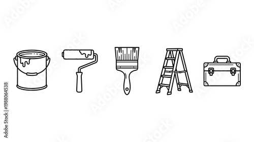Painting tools and equipment icons set for home renovation and improvement projects, featuring a paint can, roller, brush, ladder, and toolbox in a clean line art style.