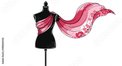 Fashion, pink floral scarf, dress form, mannequin, vector illustration, clothing accessory
