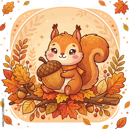 Cute squirrel holding acorn in autumn leaves kawaii fall illustration squirrel illustration wildlife adorable character gathering
