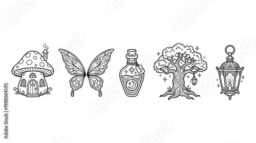 Whimsical fantasy magical elements collection features charming illustrations of a mushroom house, ornate butterfly wings, a potion bottle, a mystical tree, and an antique lantern.
