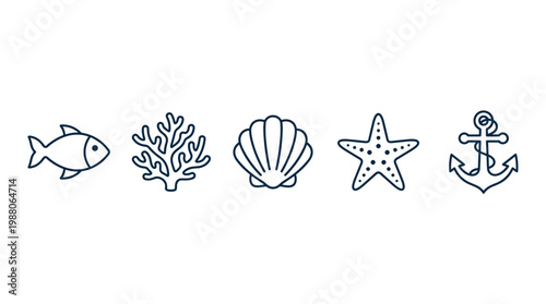 Marine life and nautical symbols vector line art collection featuring a fish, coral, seashell, starfish, and anchor in a minimalist style.