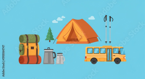 Camping gear and travel items illustration for outdoor adventure.