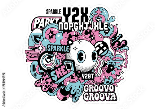 Trendy Y2K Aesthetic Sticker Illustration Featuring Retro Pop Art Characters, Graffiti Typography, and Abstract Doodles in Pink and Blue