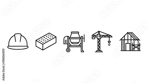 Construction tools and building materials icons set representing various stages of building and development, essential for architectural and engineering projects.