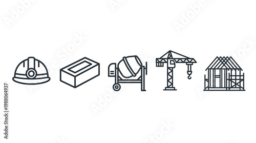 Construction icons set featuring essential building site elements such as a hard hat, brick, cement mixer, tower crane, and house frame in a clean outline style.