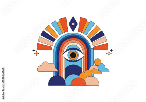 Modern Mystical Evil Eye Illustration with Geometric Rainbow and Clouds in Retro Boho Style