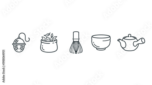 Tea accessories and tools for brewing hot beverages, including a strainer, leaves, whisk, bowl, and teapot in a simple line art style.