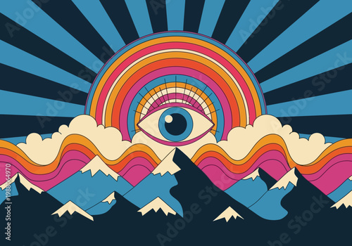 Retro Psychedelic Eye Illustration with Rainbow Mountains and Sunburst Background - Vintage Surreal Art Poster Design for Spiritual Awakening and Vision