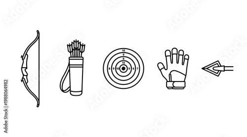 Archery equipment line art icons set featuring bow, quiver, arrows, target, and protective glove, ideal for sports design projects and web elements.