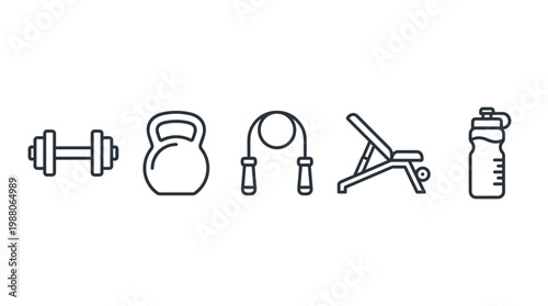 Fitness equipment icons set for gym workout, depicting various tools like dumbbells, kettlebells, jump ropes, and a weight bench, alongside a water bottle for hydration.