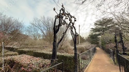 Wallpaper Mural A beautiful metal sculpture shaped like a tree frames a quiet garden walkway. The surrounding bushes are covered in light frost, creating a peaceful and mysterious winter atmosphere in the park. Torontodigital.ca
