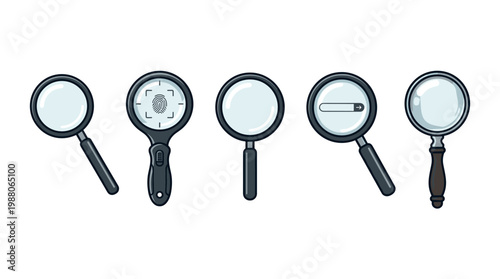 Five different magnifying glasses illustrating concepts of search, investigation, analysis, and detailed examination in a clean vector style.