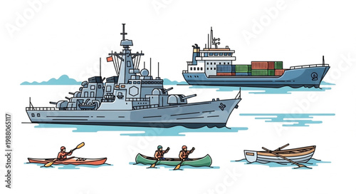 Collection of various watercraft including a warship cargo ship and kayaks.